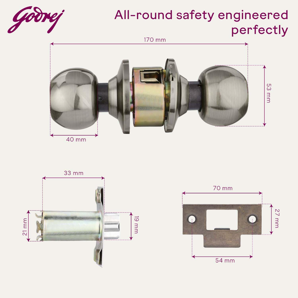 Godrej Cylindrical Lock I With 3 keys I For bedroom, For Home & Office I Suitable for Left Right, Inside&Outside Opening Doors I Backset 70mm I Antique Brass Finish I 5 Years Warranty